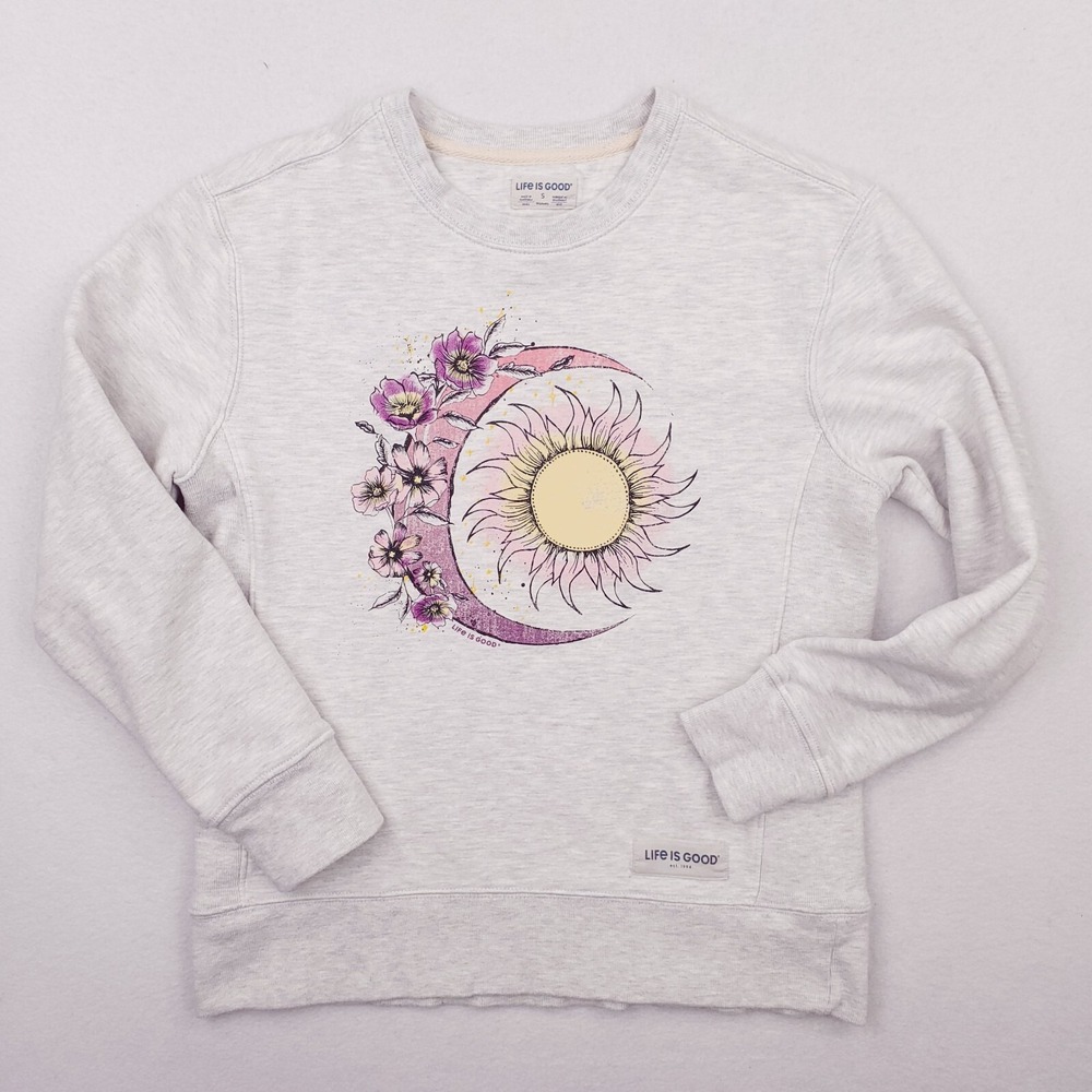 Life Is Good Sweatshirt Womens Small Gray Heather Pullover Moon Sun Floral Gypsy